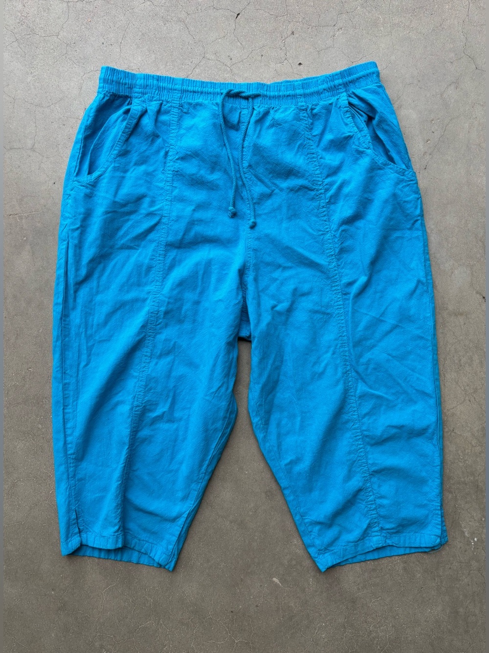 Ragtop USA 100% cotton Y2K turquoise blue baggy capris drawstring pockets 1X